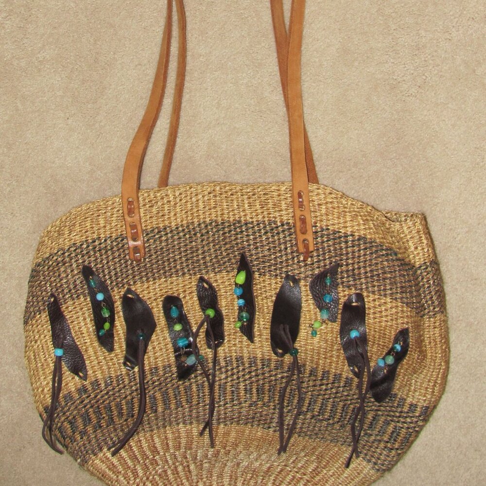 Large tote bag upcycled with leather and beads